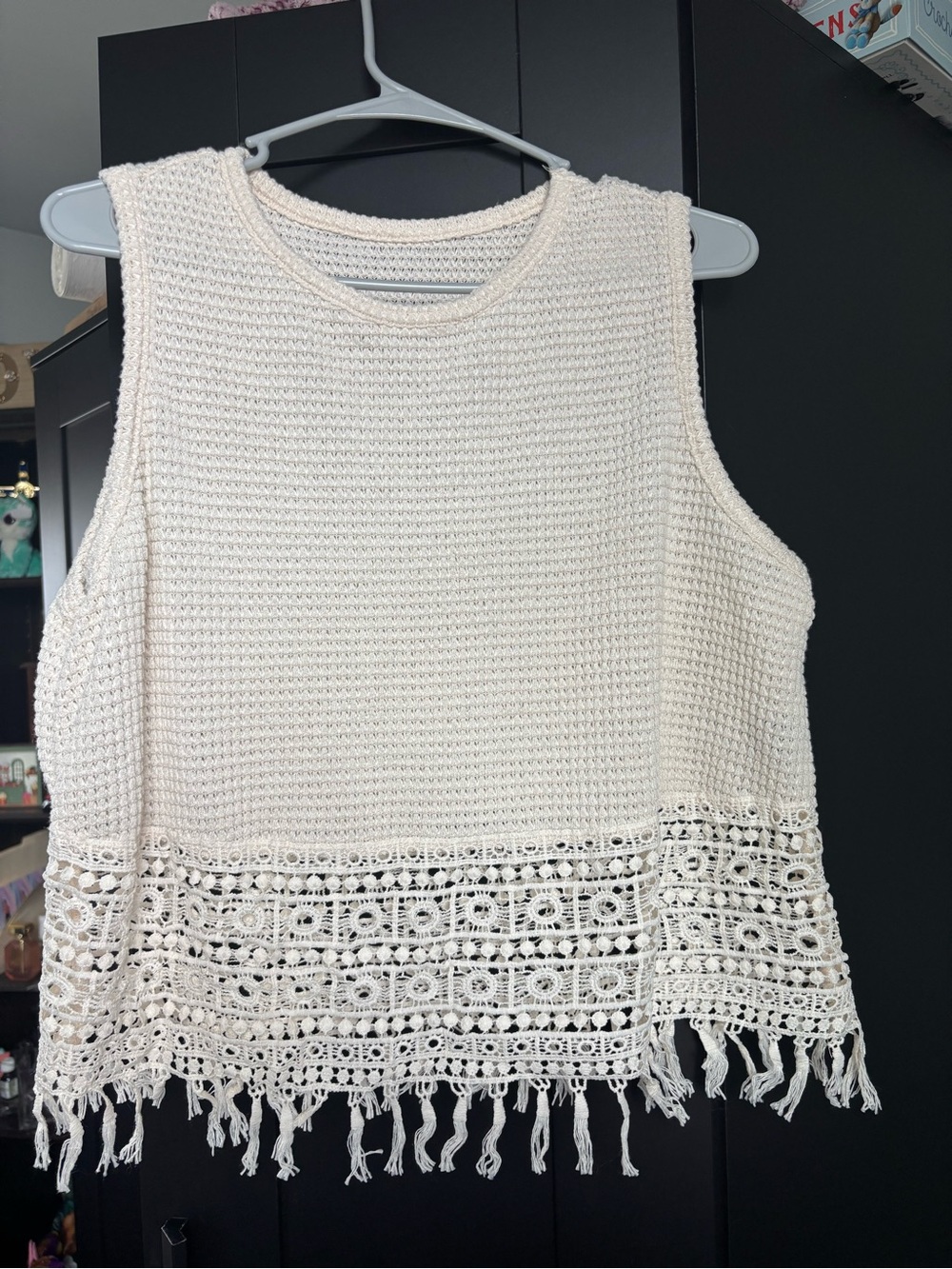 SHEIN Cream Crochet Fringe Tank Top